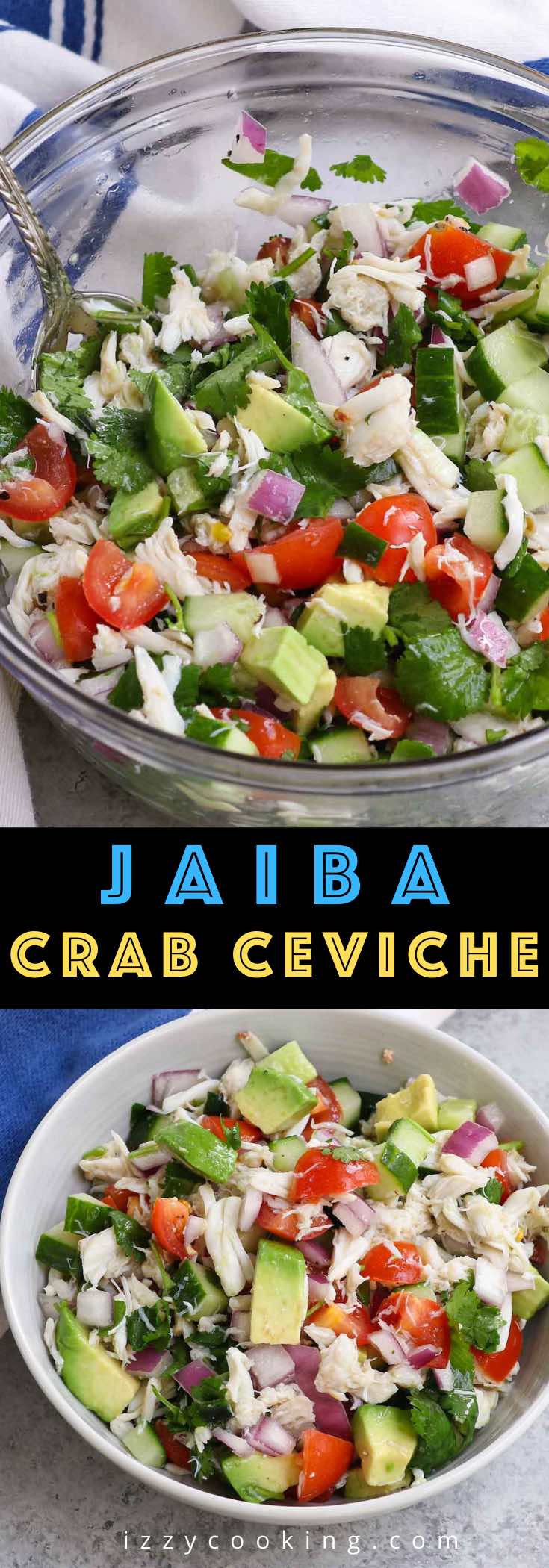 Refreshing, zesty and flavorful, Jaiba Ceviche is a tasty Mexican crab salad that’s enjoyed by seafood lovers in many Latin American and Caribbean countries.  Made with succulent crab meat, fresh lemon and lime juices and colorful Roma tomatoes, it’s a perfect summer side dish. You can use real crab meat such as blue crab or imitation crab meat for this easy recipe. 