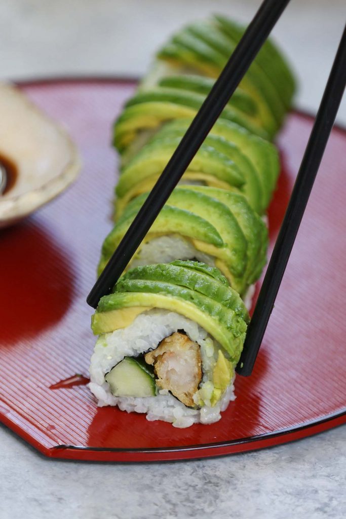 Dragon Roll Sushi (Shrimp Tempura Roll with Avocado Topping)