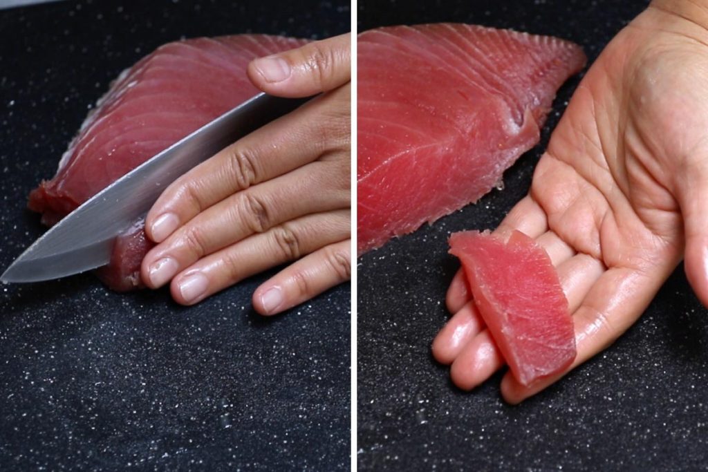 Homemade nigiri step 3: slice the fish