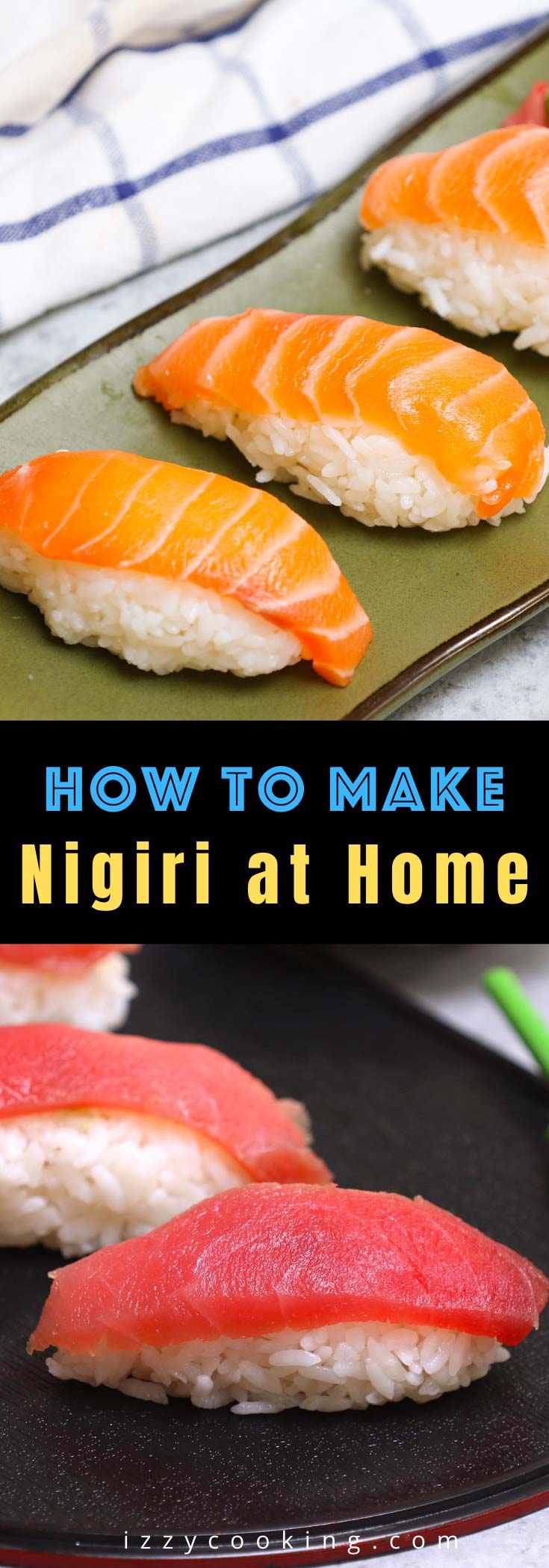 An easy and complete homemade Nigiri tutorial with lots of tips and tricks. Unlike maki sushi, nigiri isn’t rolled. Instead, it’s comprised of a thin slice of raw or cooked seafood like salmon or shrimp atop a mound of vinegary rice. You’ll learn everything about Japanese nigiri including the difference between nigiri and sashimi, and how to make perfect nigiri at home. 