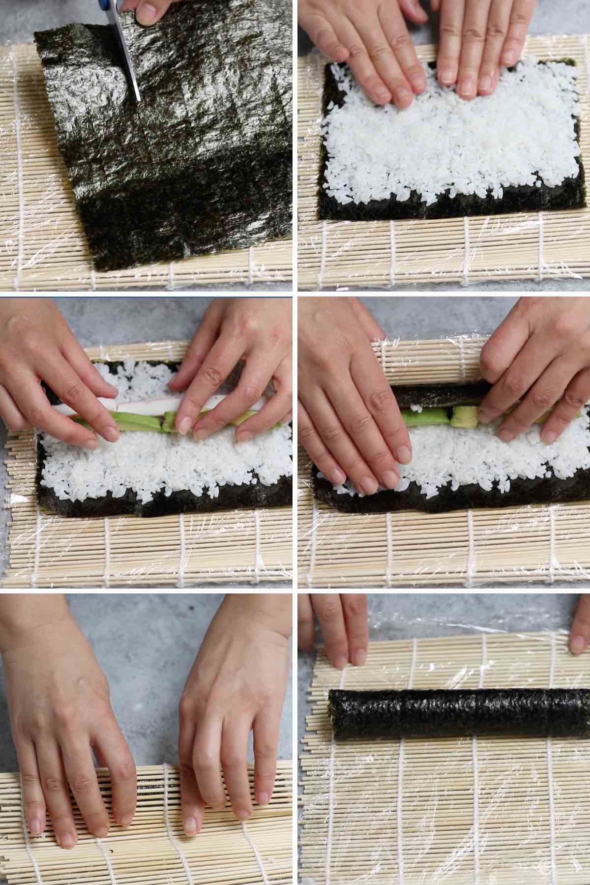 Photo collage showing how to make sushi roll.