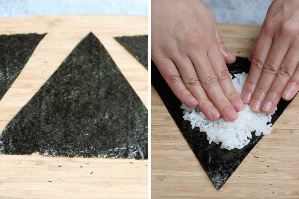 Photo collage showing how to make sushi pizza crust.