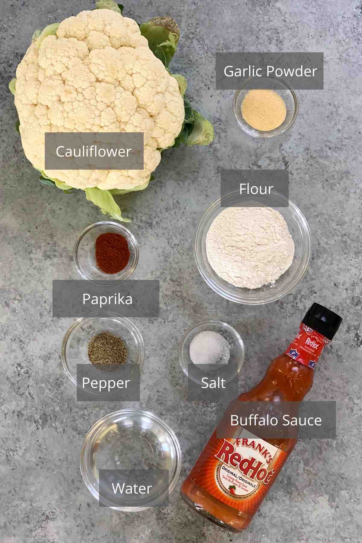 Air Fryer Buffalo Cauliflower ingredients on the counter.