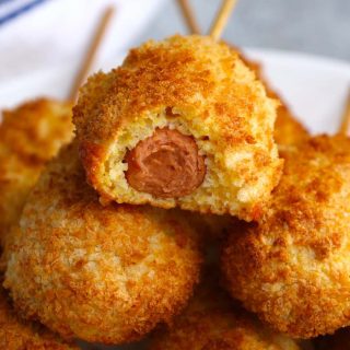 Crispy and crunchy air fryer corn dogs are one of the best dinner ideas for kids. Corn dogs are made from scratch without deep-frying. Great for kids and adults alike!