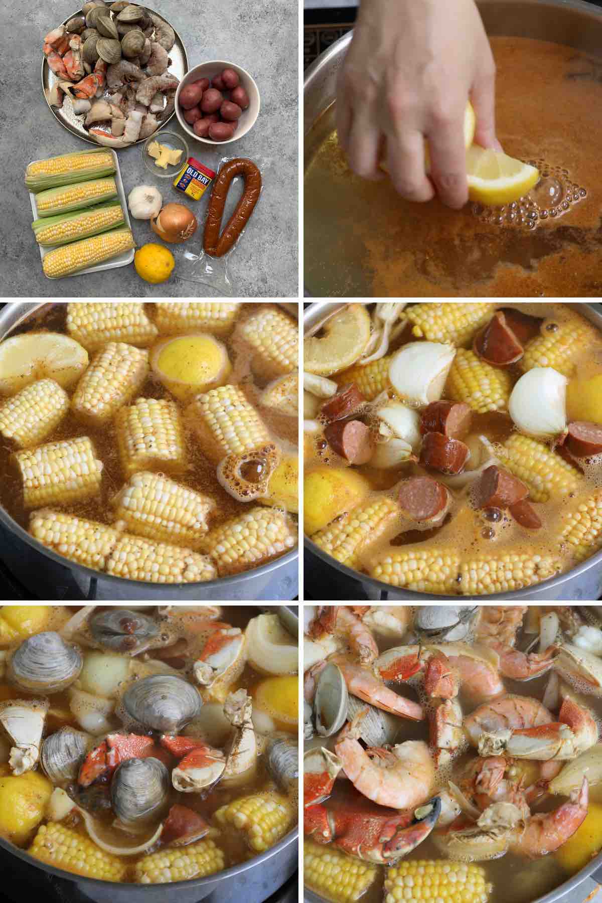 Photo collage showing how to make seafood boil.