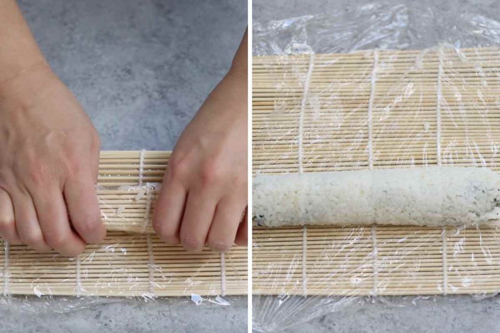 Photo collage showing how to roll a sushi