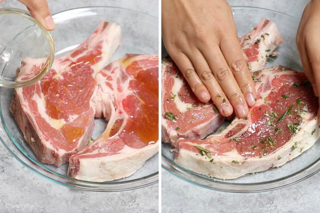 Photo collage showing how to marinate veal chops.