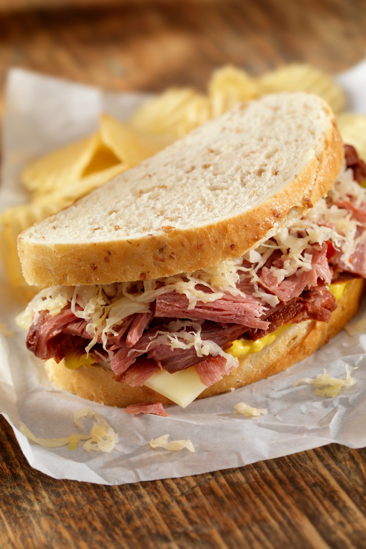 The ultimate Pastrami Sandwich piled high with thinly sliced pastrami, Swiss cheese, and coleslaw. These Artisan sandwiches are perfect for a hearty meal. Serve hot or cold with your favorite fries and veggies!