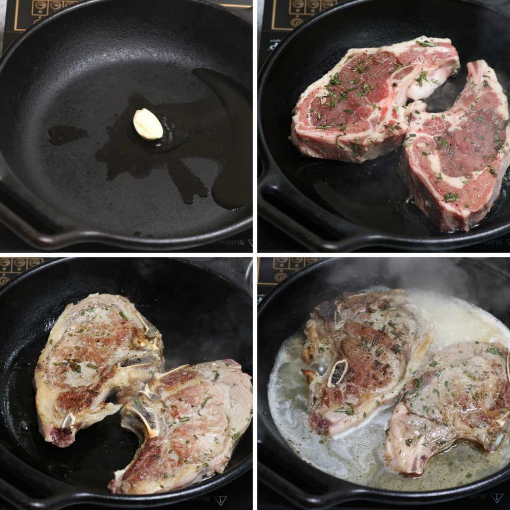 Photo collage showing how to sear and braise veal chops.