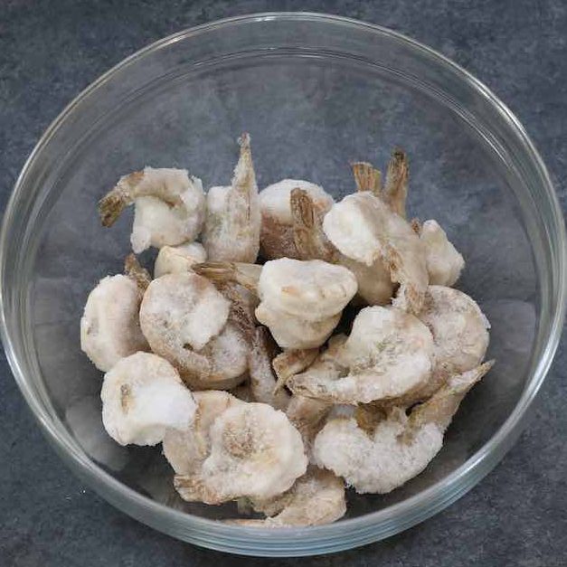 Close up of frozen shrimp in a bowl