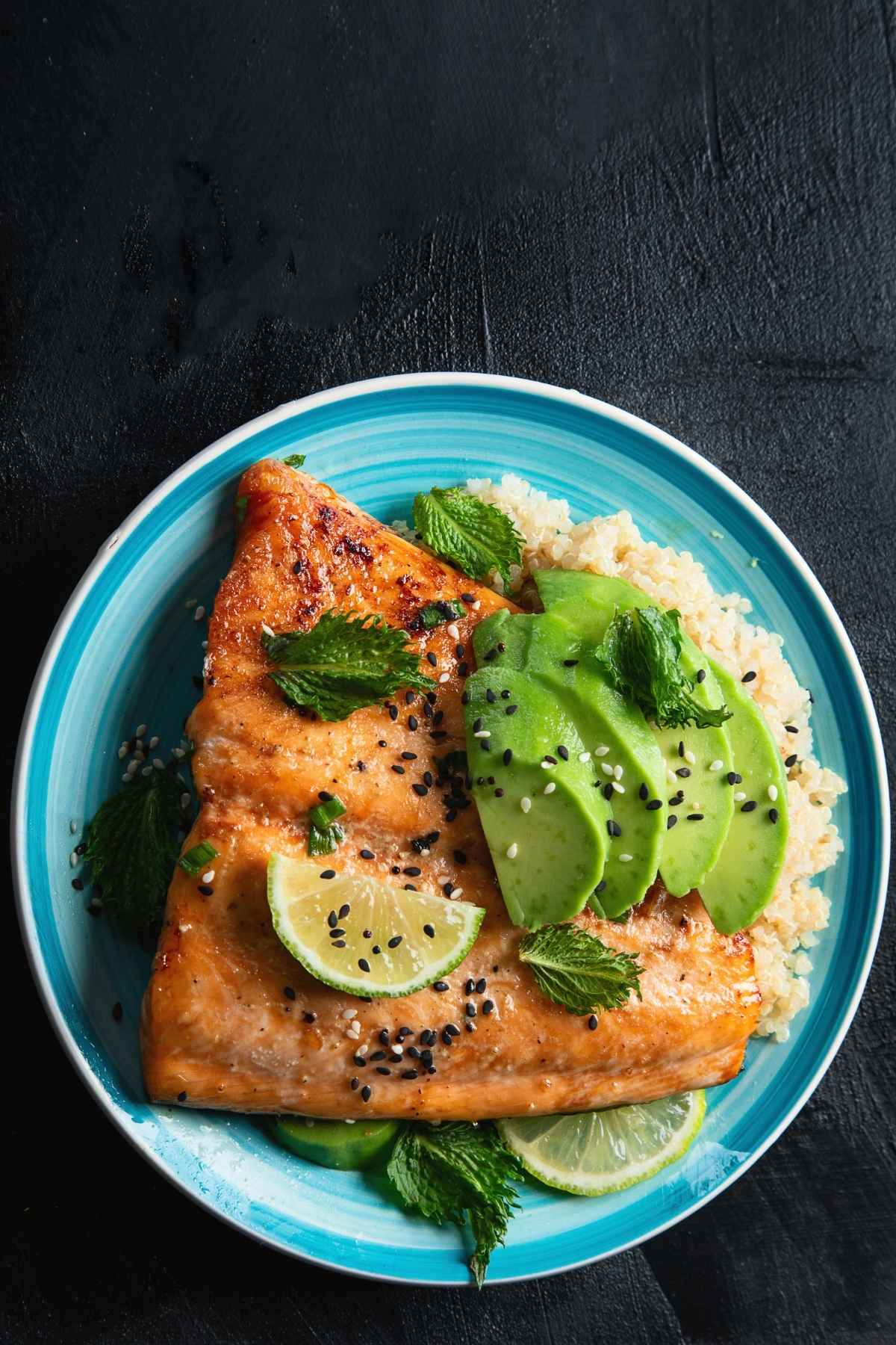Roasted Salmon Quinoa Bowls with Avocado and Green Dressing