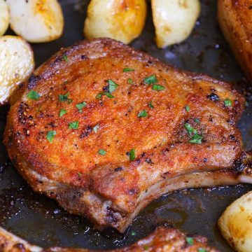 These melt-in-your-mouth Pork Ribeye Chops are the perfect weeknight dinner idea. This recipe uses pantry ingredients featuring a delicious sweet and savory sauce to enhance the flavors while keeping the meat juicy!