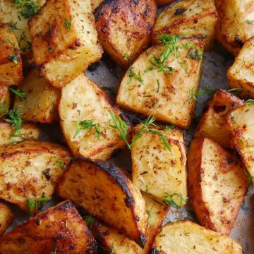 Roasted White Potatoes are a favorite side dish with just about everyone! They’re creamy on the inside, crispy on the outside, and pair well with other veggies and meat.