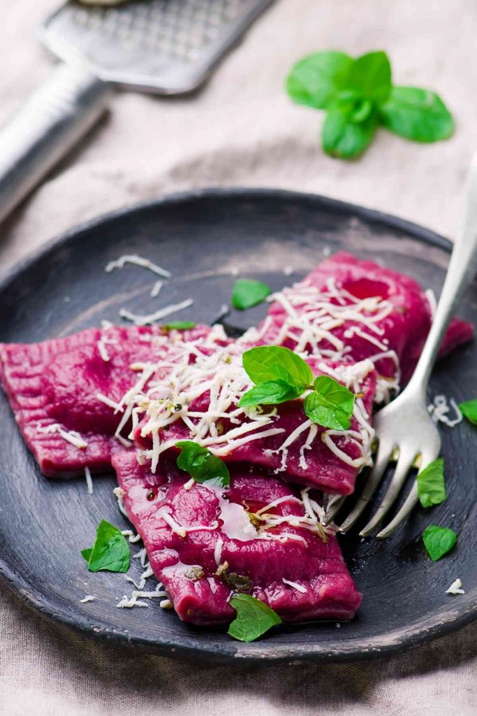 Beet Ravioli with Goat Cheese, Ricotta, and Mint Filling