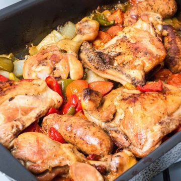 Chicken scarpariello is a hearty Italian dish that’s comforting and flavorful. It’s a delicious combination of chicken thighs, Italian sausage, bell peppers and seasonings.