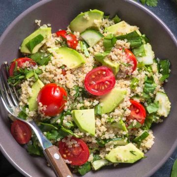 Refreshing, crisp, and delicious, this guacamole quinoa salad is a must-try! Not only is it vegan and dairy-free, but it's also gluten- and nut-free, making it the ideal salad to take along to your next potluck!