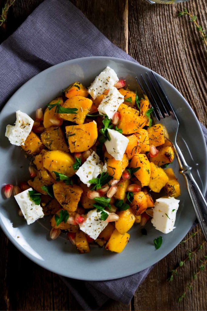 Roasted Butternut Squash with Goat Cheese and Pomegranate