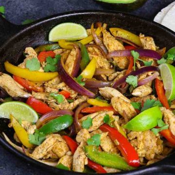 A tasty Mexican dish, chicken with peppers and onions, is a quick and easy recipe that is loaded with flavor. This juicy chicken with seasoned vegetables makes for the perfect fajitas. Just load warm tortillas with this filling and top with guacamole and a fresh drop of lime!