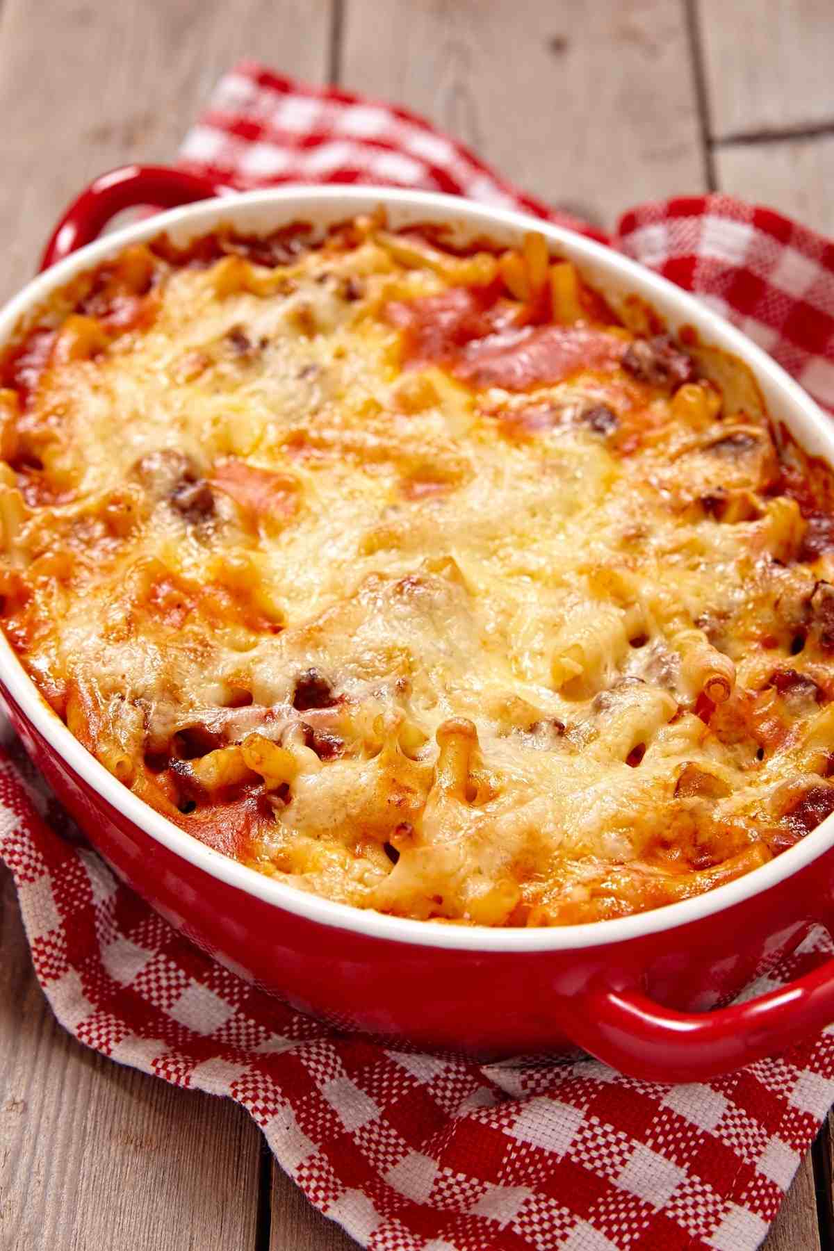 Make this hearty baked mostaccioli dish the next time you’re craving pasta. It’s a delicious combination of tender pasta, seasoned ground beef, marinara sauce, diced tomatoes, heavy cream, and two kinds of cheese.