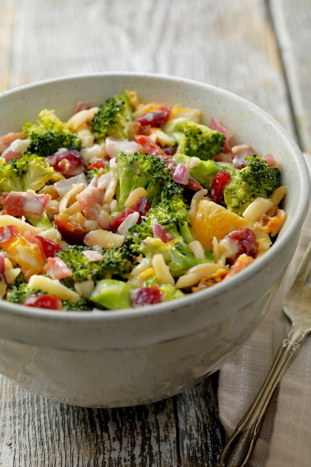 Switch up your salad game with this crunchy Broccoli Salad With Bacon. The raw broccoli florets pair beautifully with tart dried cranberries, sharp cheddar cheese, salty sunflower seeds, and smokey bacon tossed in a creamy dressing.