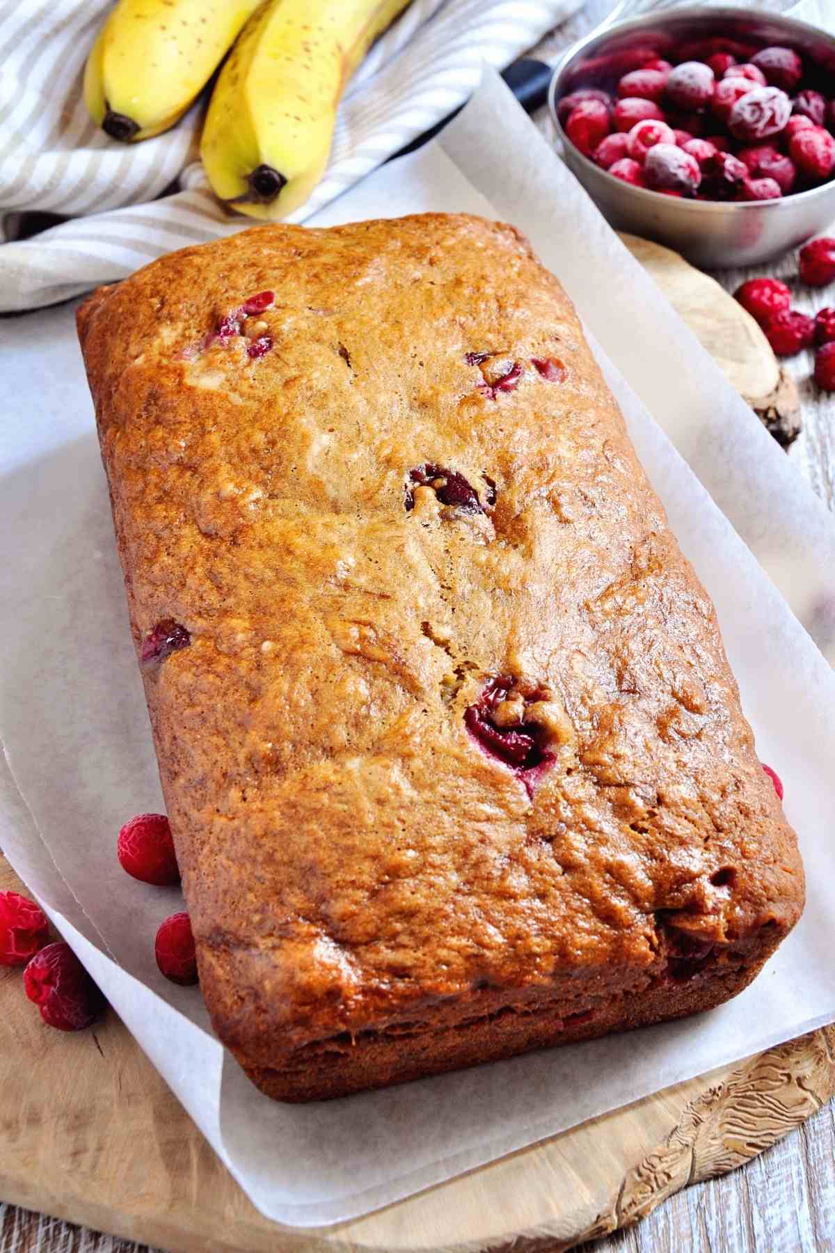 The tart flavor of fresh cranberries combines with creamy bananas to make this decadent Cranberry Banana Bread. Serve it to guests at your next casual get-together!