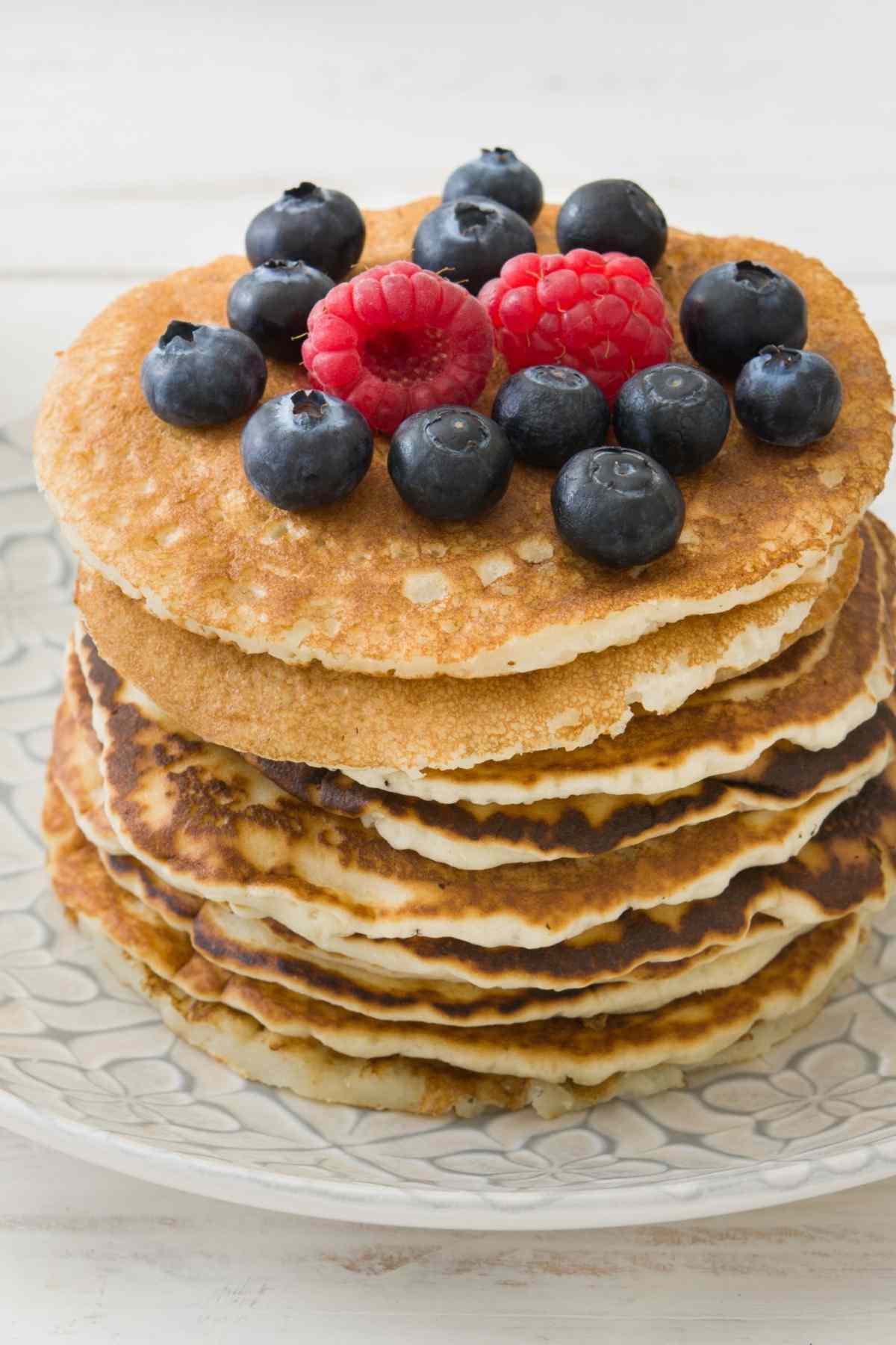 These Oatmeal Pancakes are light, fluffy, and have a touch of texture from the oats. They’re flavored with maple syrup, vanilla, and cinnamon and have a slightly tangy flavor.