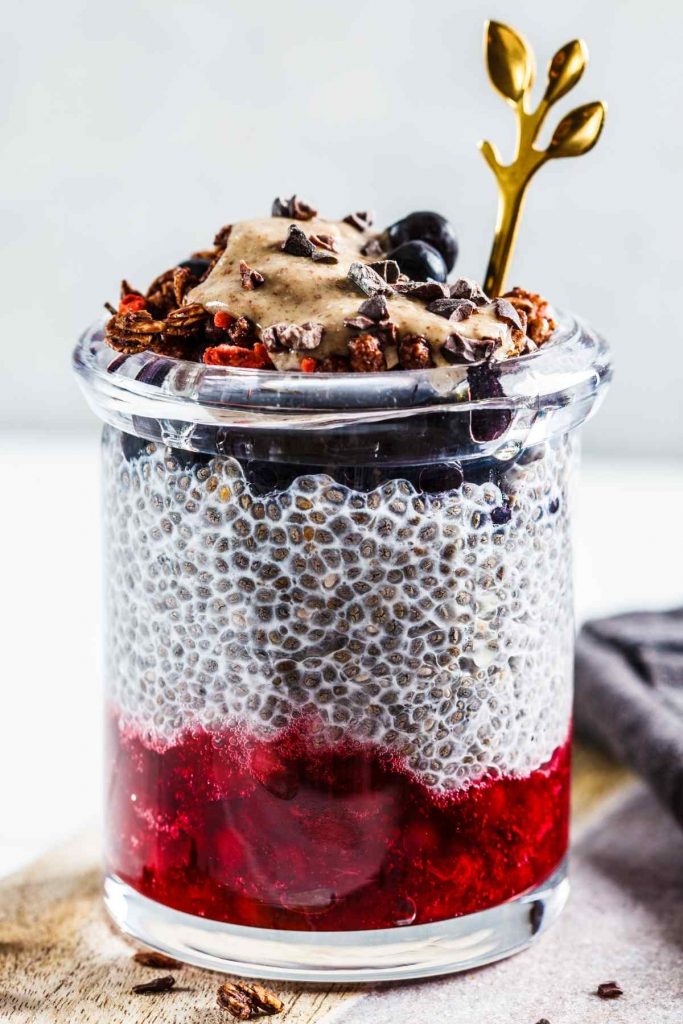 Peanut Butter and Blueberry Jelly Chia Pudding