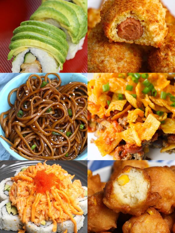 25 Fun Dinner Ideas for Kids collage showing dragon roll, corn dogs, hibachi noodles, walking taco casserole, volcano roll, and corn nuggets