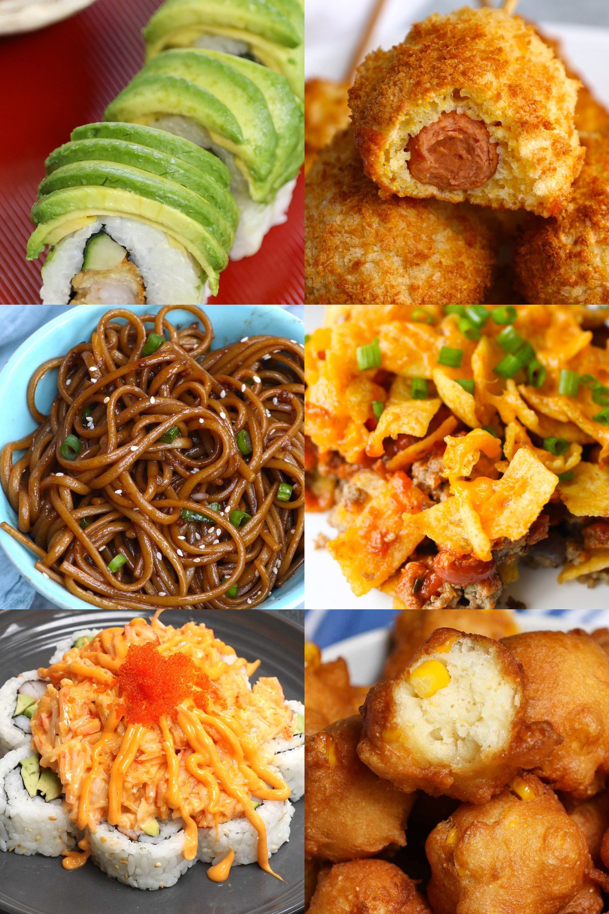 25 Fun Dinner Ideas for Kids collage showing dragon roll, corn dogs, hibachi noodles, walking taco casserole, volcano roll, and corn nuggets