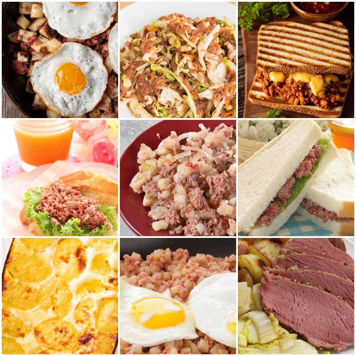 Collage of 12 canned corned beef recipes including crispy hash with potatoes, corned beef and cabbage, Jamaican sandwich, Filipino silog with fried egg, Reuben sandwich with sauerkraut, layered potato casserole, quesadilla, fried rice, golden fritters, meat pie, and tacos with cabbage slaw