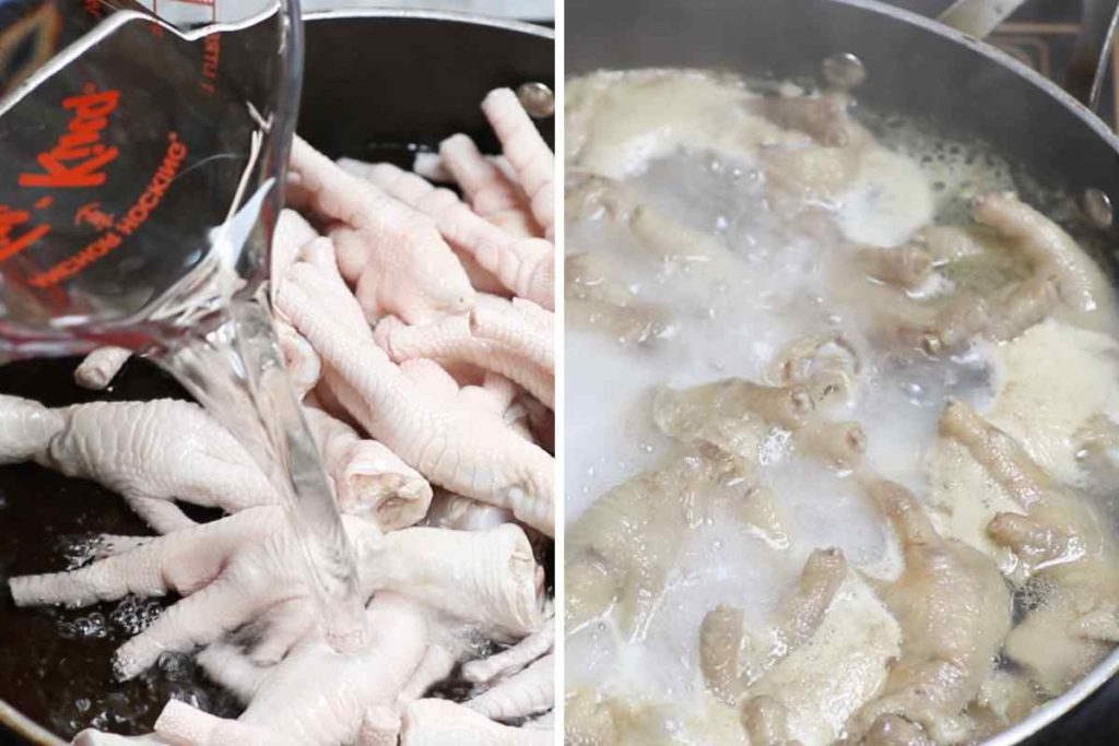 Blanching chicken feet by adding cold water and then boil for 10 minutes