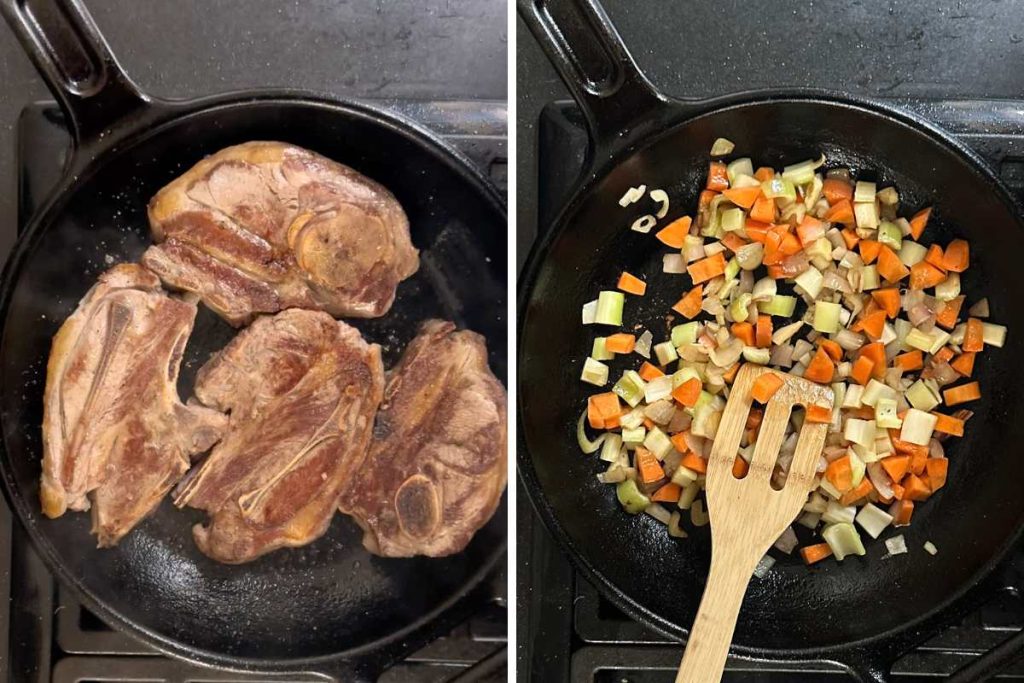 Brown lamb shoulder chops and saute veggies
