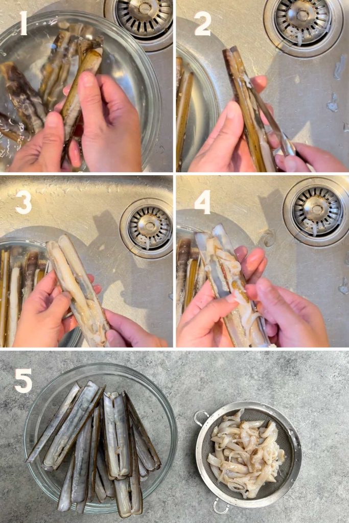 Step by step photos showing how to clean razor clams