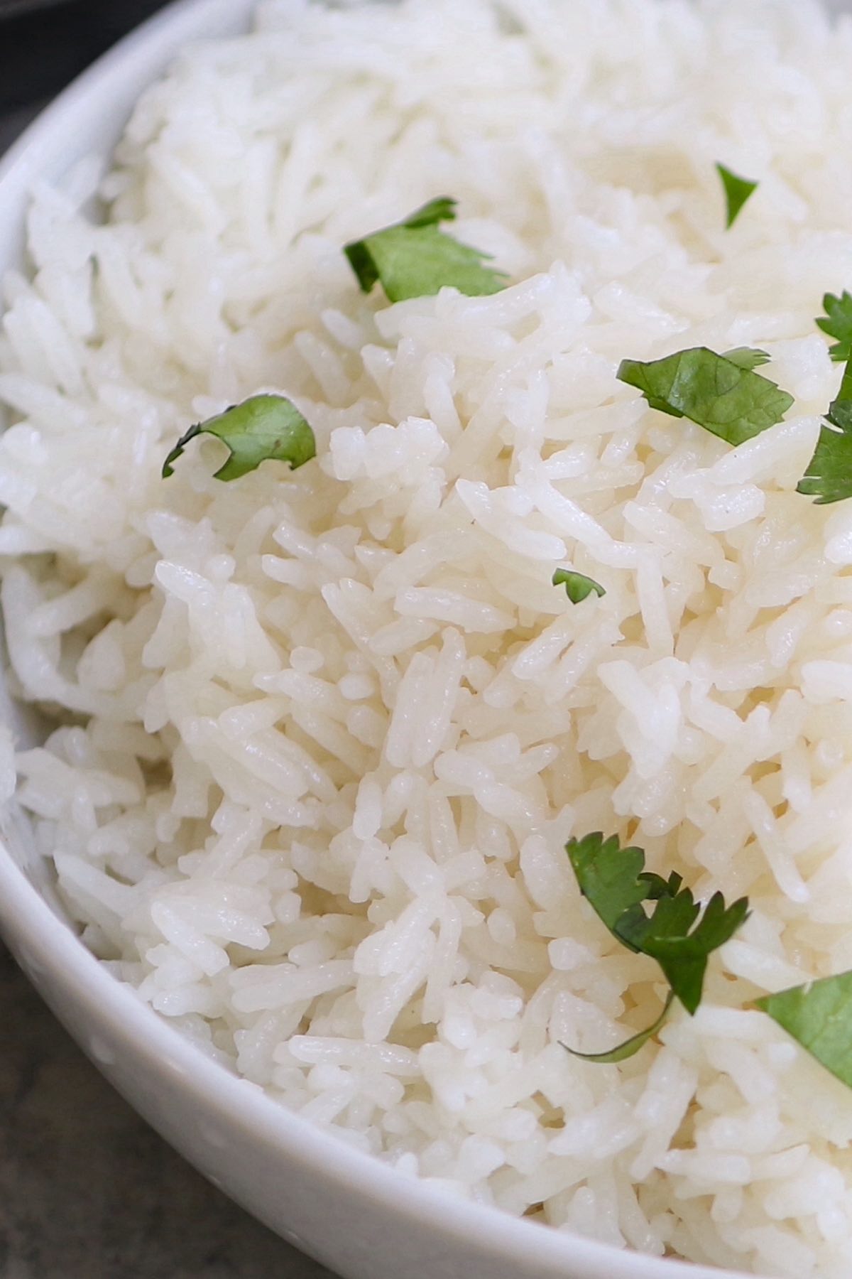 Coconut rice in a white bowl garnished with toasted coconut flakes, fluffy and glossy