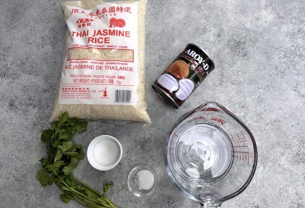 Coconut rice receipe ingredients on the counter