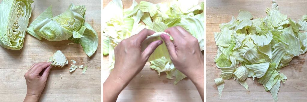 Step by step photos showing how to tear cabbage by hand