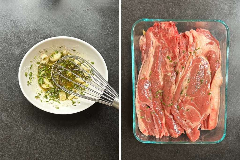 Photo collage showing making the marinade (left) and marinating the lamb shoulder chops in a large container (right)