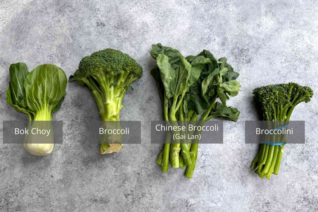 Photo showing 4 types of greens: bok choy, broccoli, chese broccoli (gai lan), or boccolini