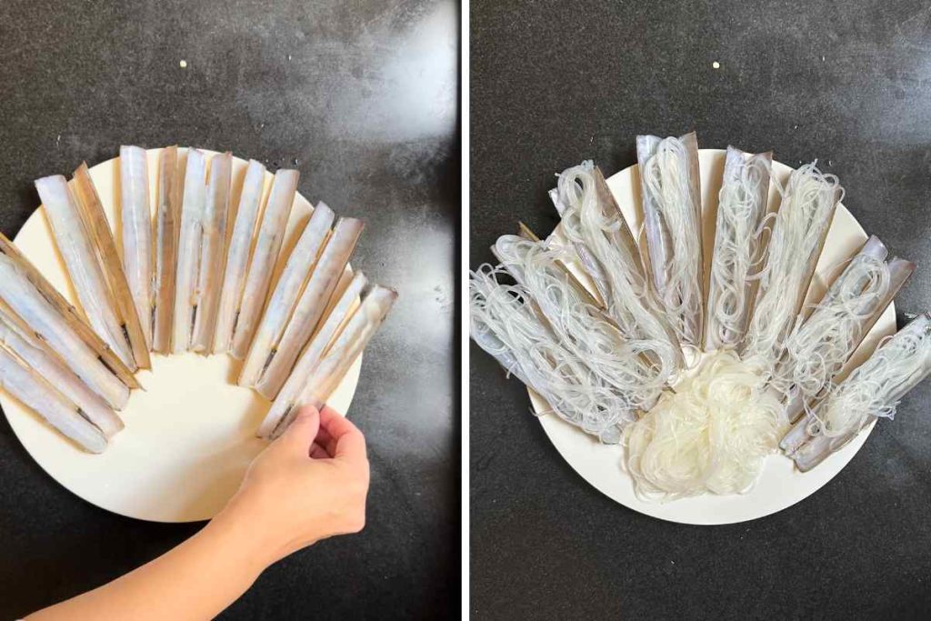 Arrange shells on the plate and add vermicelli.