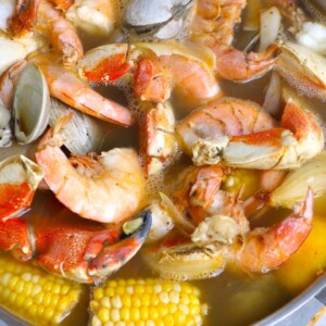 Key to a perfect seafood boil: add potatoes, corn, sausages and seafood in different stages so they won’t undercook or overcook! It’s a one-pot crowd-pleaser that’s ready in 30 minutes. Serve it with garlic and butter seafood boil sauce for the most comforting meal!