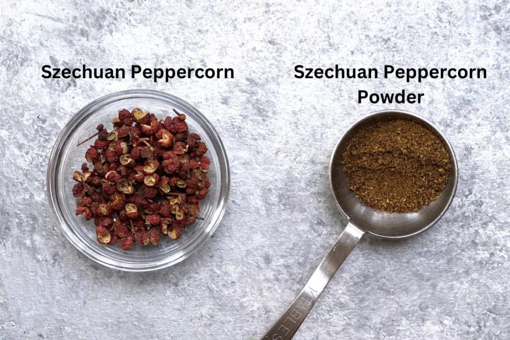 On the left is the whole szechuan peppercorns, and on the right is szechuan peppercorn powder