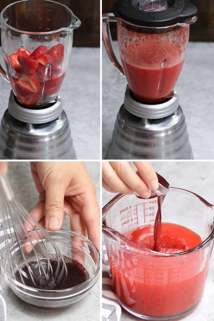Step-by-step photo collage showing how to make strawberry acai base