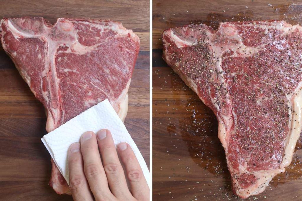 Pat dry t-bone steak and season with oil, salt, and pepper