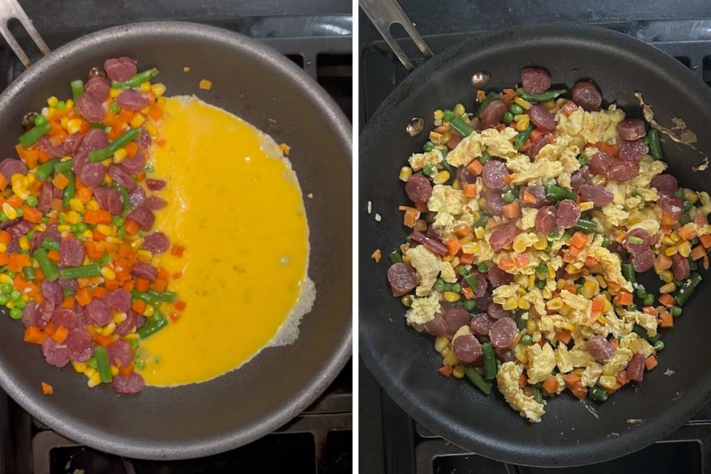 Scramble eggs and mix with veggies