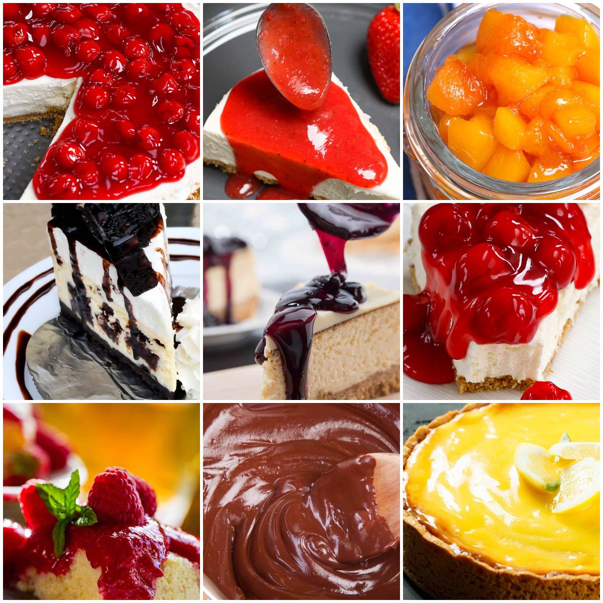 Collage of cheesecake topping ideas including fresh berries, chocolate sauce, caramel, and fruit compotes