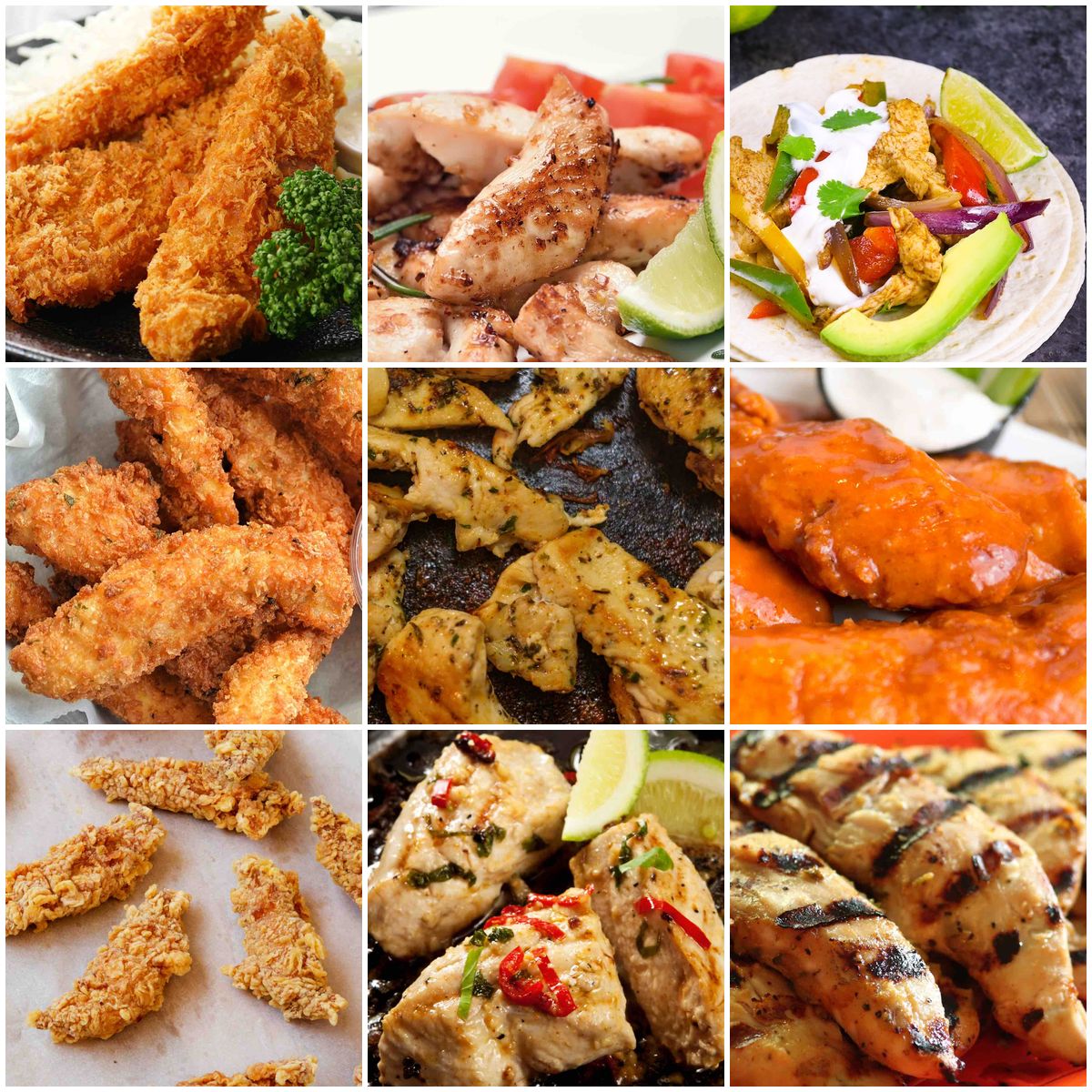 Collage of chicken tenderloin dishes including baked, grilled, fried, and sauced chicken tender recipes