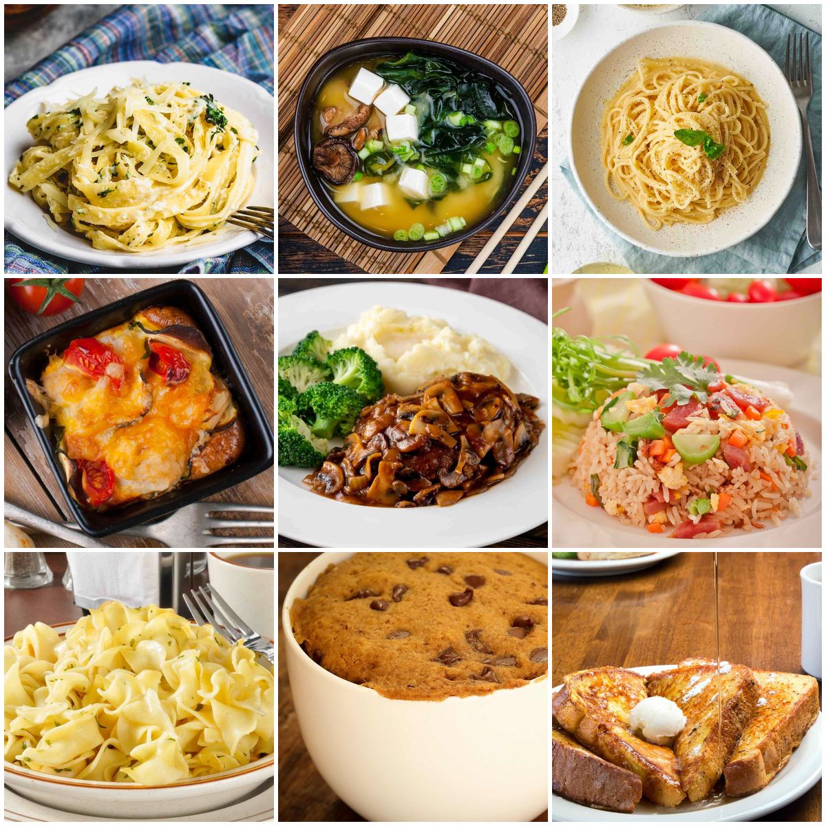Collage of easy single-serving meals including pasta, stir-fry, soup, and quick dinner recipes for one person