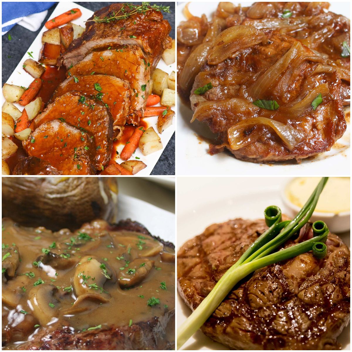 Collage of eye of round steak dishes including roasted, grilled, braised, and slow-cooked recipes