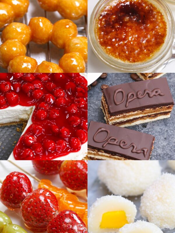 Collage of fancy desserts including glazed mochi donuts, sous vide creme brulee, no-bake cheesecake, opera cake, tanghulu, mango mochi, butter mochi, mango panna cotta, and lychee jelly