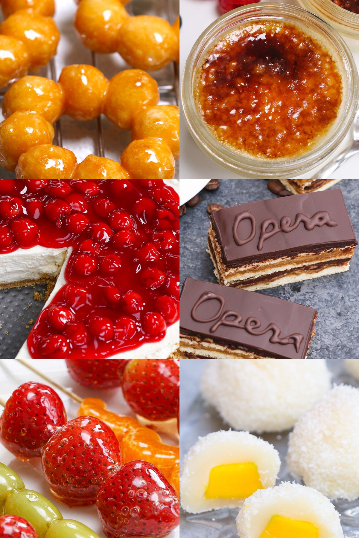 Collage of fancy desserts including glazed mochi donuts, sous vide creme brulee, no-bake cheesecake, opera cake, tanghulu, mango mochi, butter mochi, mango panna cotta, and lychee jelly